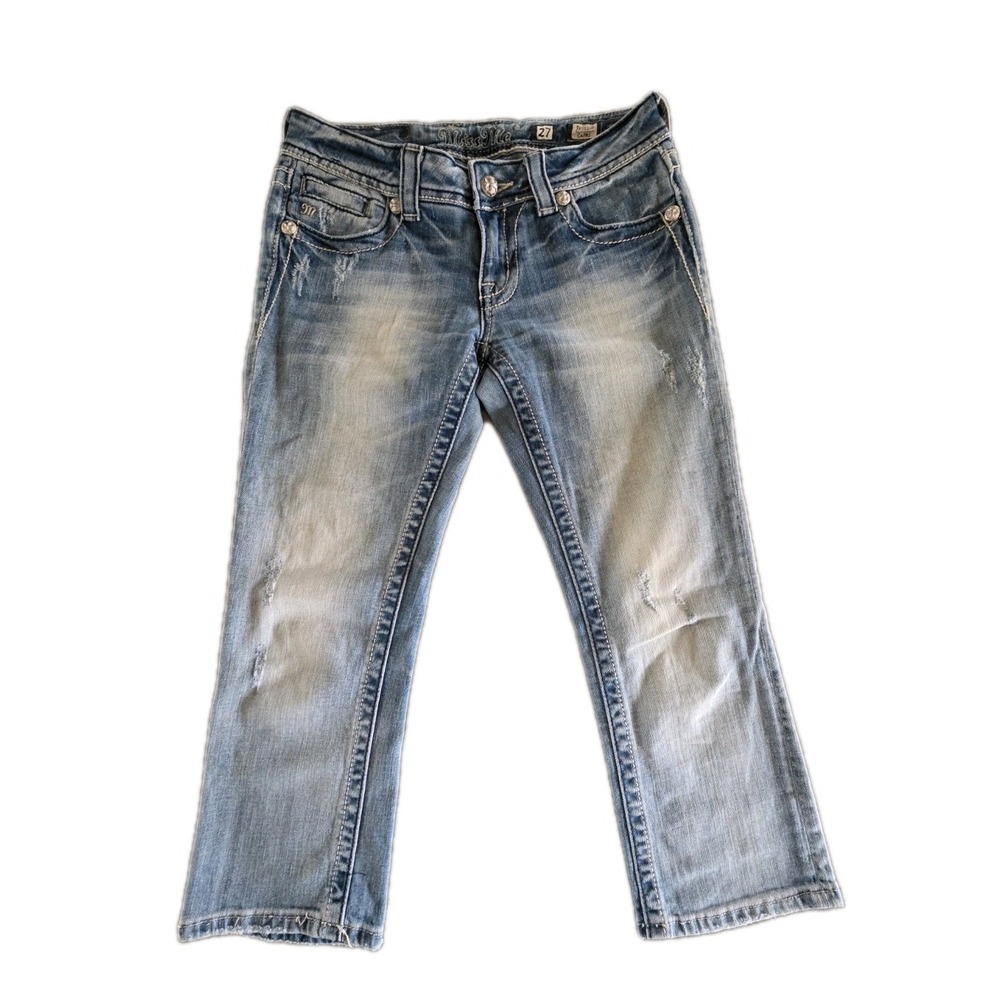 Miss Me Capri Jeans Women's 27 Blue Stretch Denim Distressed Leather Inserts